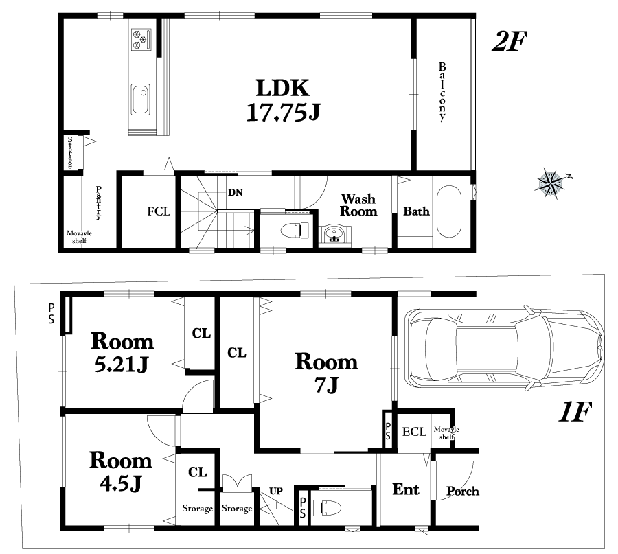 視線が気になりにくい2階LDK、ワンフロアで家事がしやすく、生活空間に収納を完備