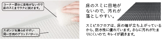 スミピカフロアは、床の端が立ち上がっているから、防水性に優れています。さらに汚れがたまりにくいので、キレイが続きます。